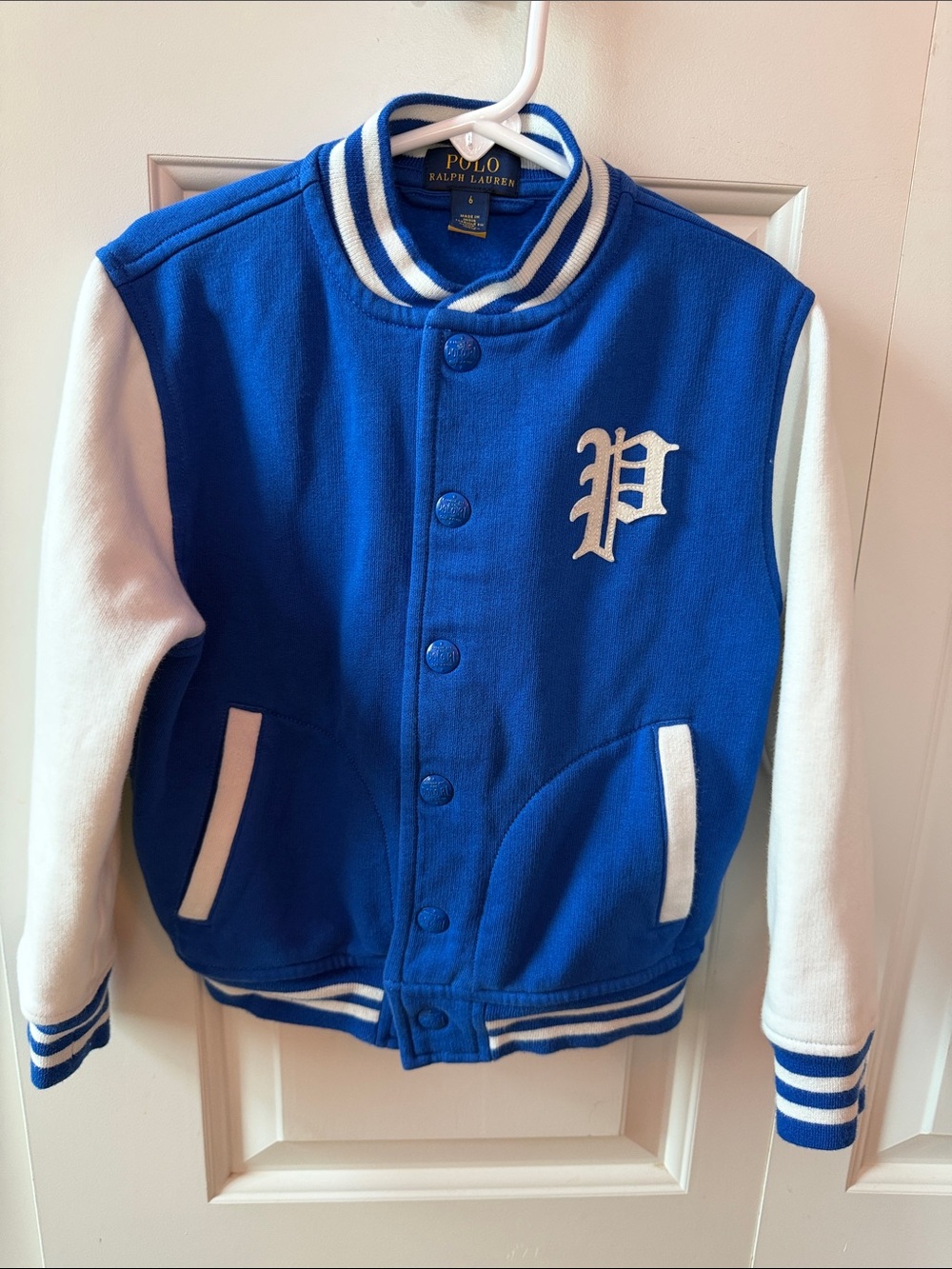Polo by Ralph Lauren Blue and White Kids Varsity Letterman Jacket Size 6